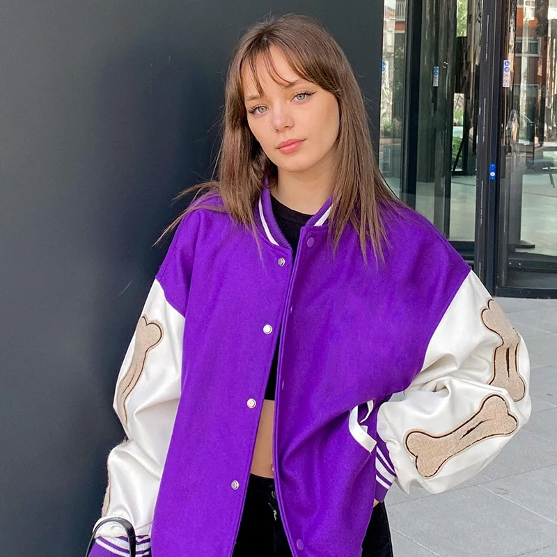 

Women Single-Breasted Baseball Jacket Ladies Girls Fashion Contrast Color Button Down Boyfriend Baggy Coats Outwear