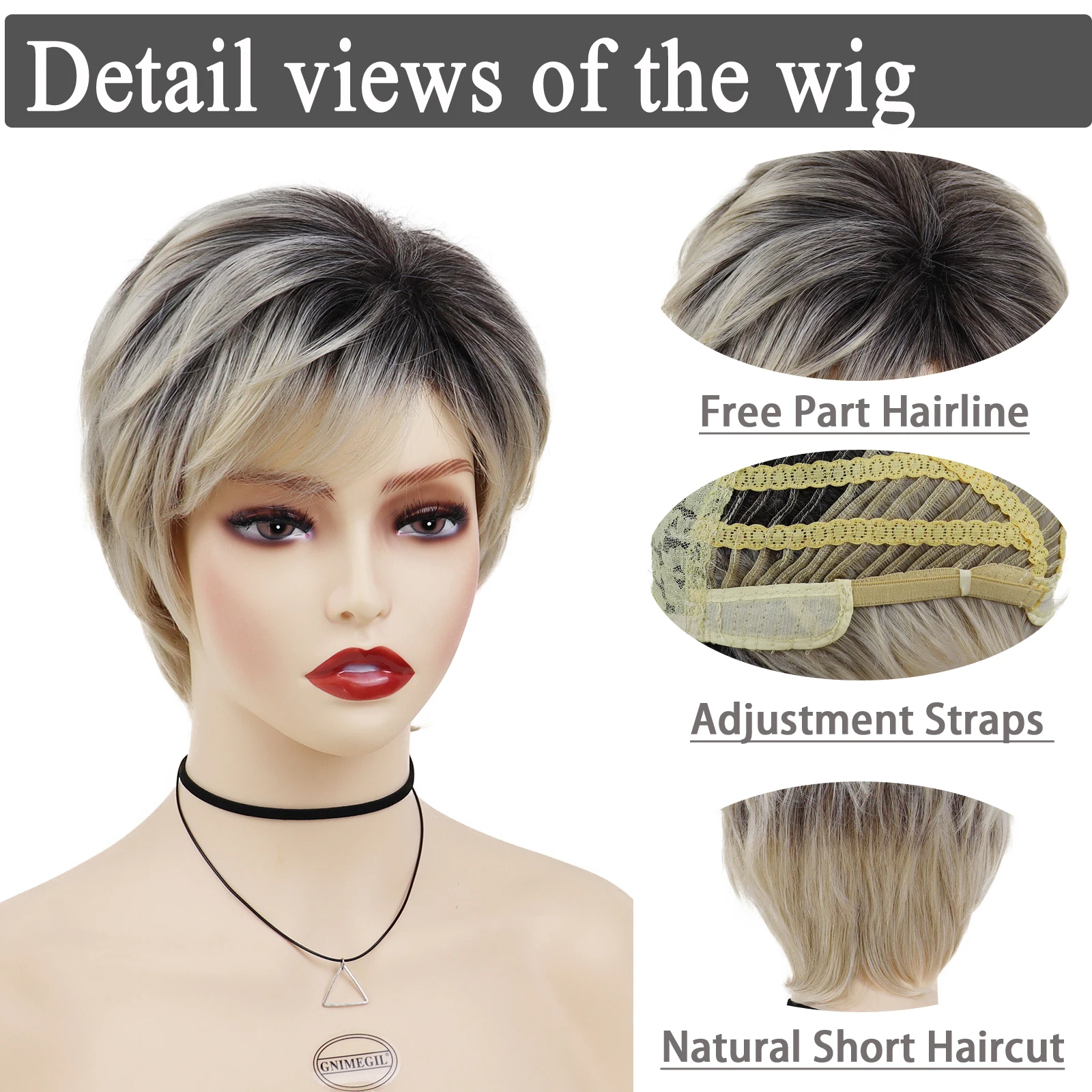 GNIMEGIL Blonde Wigs with Bangs for Women Short Wig Natural Hairstyle Dark Roots Ombre Hair Replacement Wigs Synthetic Fiber