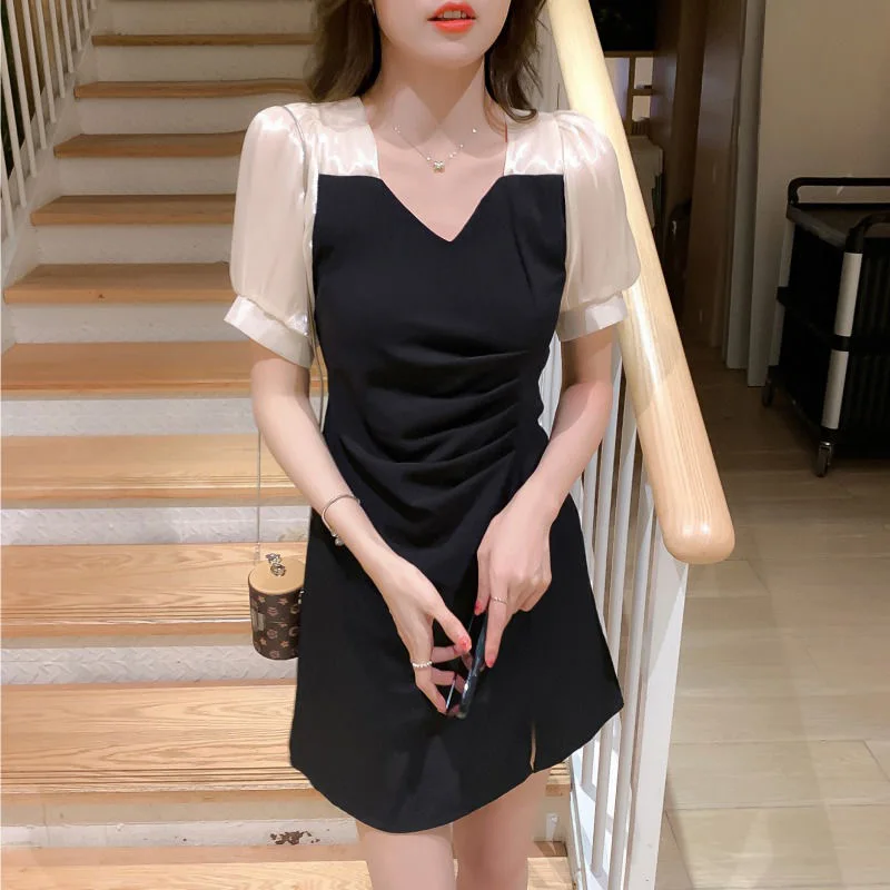 2023 Summer New Evening Dress Temperament Retro Slim Splice Slit Little Black Party Dress