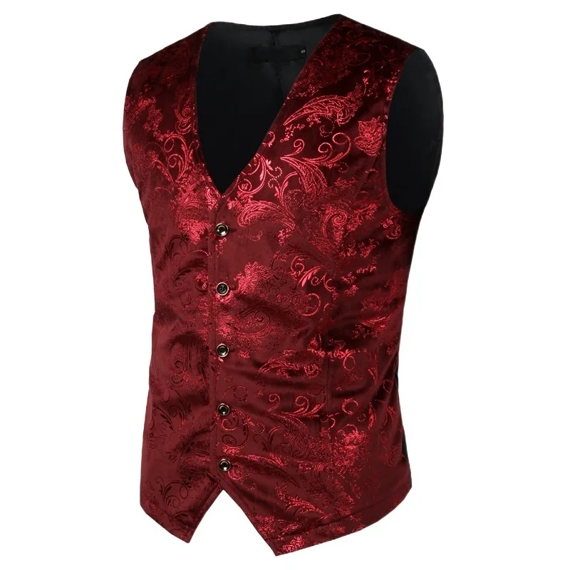 

Mens Red Paisley Bronzing Vest Single Breasted V-Neck Wedding Suit Vests Men Gothic Aristocrat Steampunk Victorian Gilet Homme