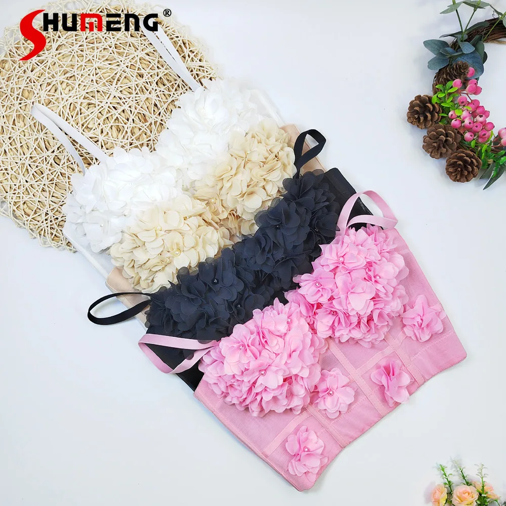 

Lace Mesh Fishbone Sling Short Flower Bra with Chest Pad OuterWear Bottoming Tube Top Women's Beaded Croset Top Vacation Seaside