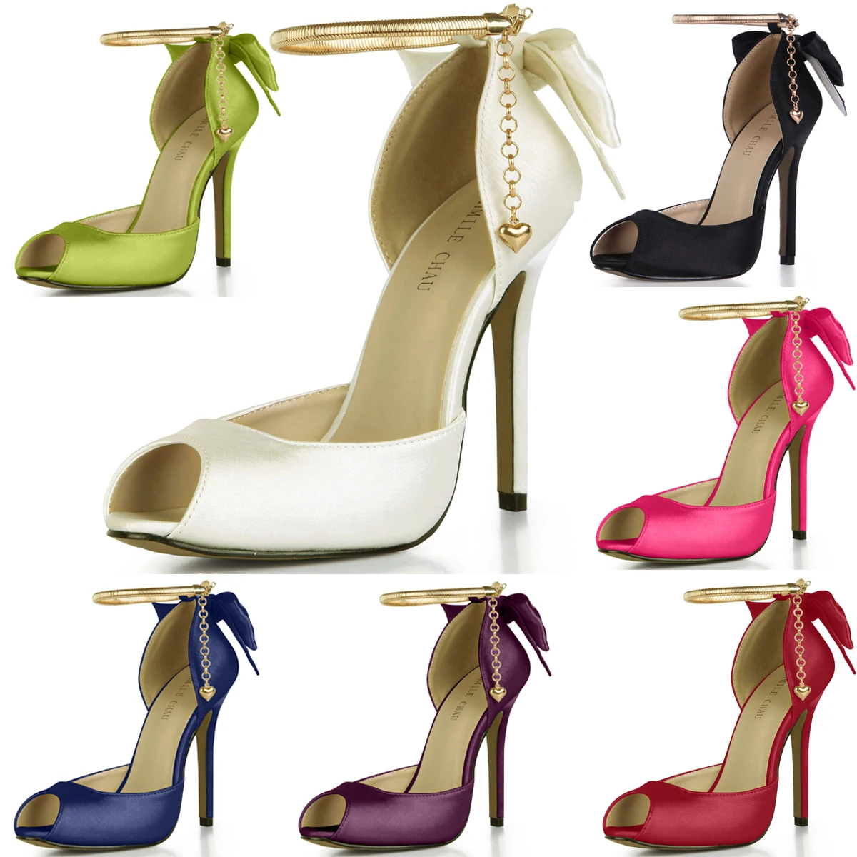 

Sexy Satin Bridal Wedding Peep Toe Iron Chain Stiletto Women Pumps Escarpins Femmes Talon Haut Aiguille Mariee Novia YJ0640C-k9