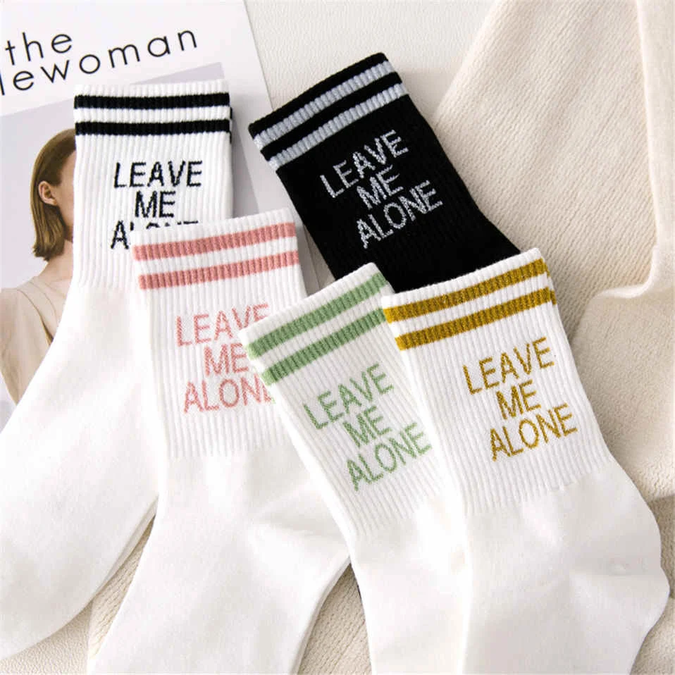 

Leave Print 2023 Alone Socks Letter For Me Women Stripe Cotton Socks With Inscriptions Breathable Hip Hop Skateboard Crew Sokken