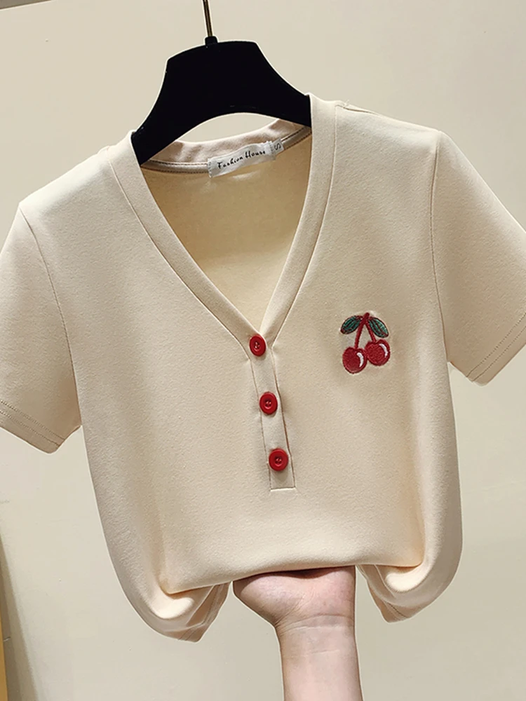 

2023 Cherry Embroidery V-Neck Short Fit T-shirt Summer New Women's Short Top