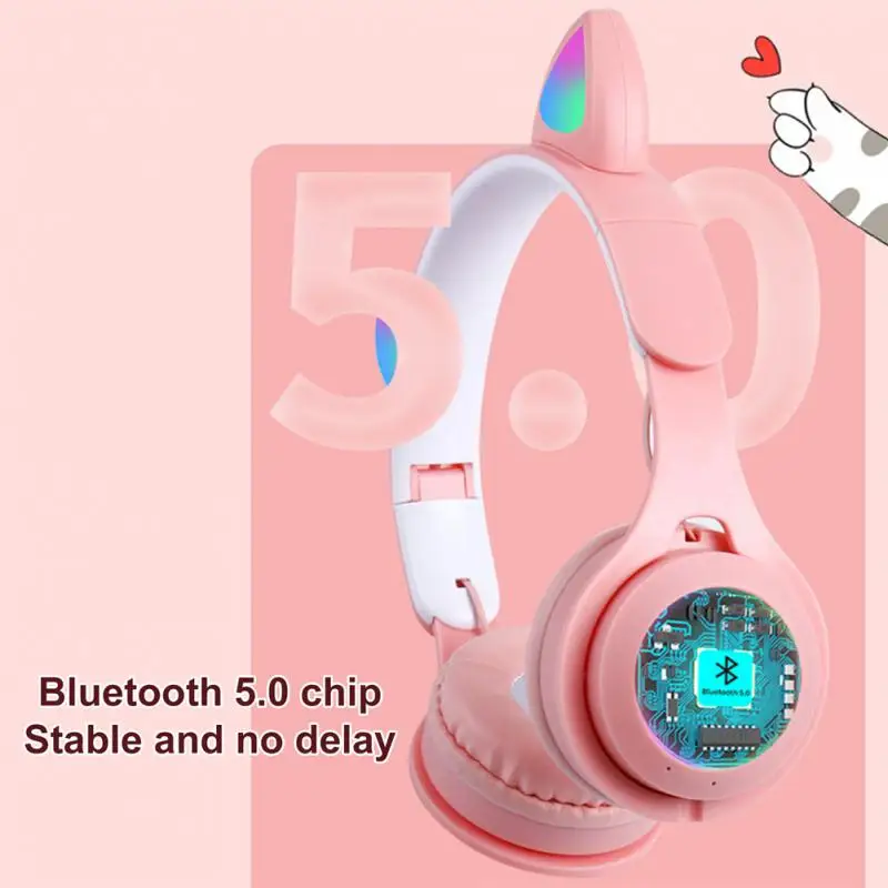 

Wireless Headphones Cat Ear with Mic Blue-tooth Glow Light Portable foldable Children Girl Gifts PC Phone Gaming Headset
