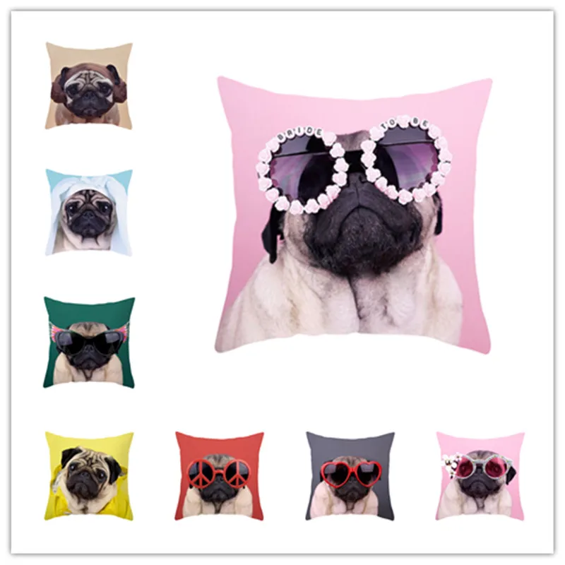 

Creative Pug Cushion Cover Sofa Office Pillowcase Peach Blossom Decoration Rainbow Pillowcase Home Decor