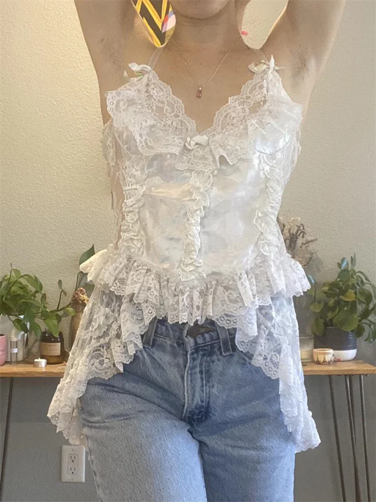 

CHRONSTYLE White Lace Floral See Through Ruffles Tank Tops Vintage Irregular Hem Camis Sweet Y2K Fairy Grunge Retro Kawaii Vest