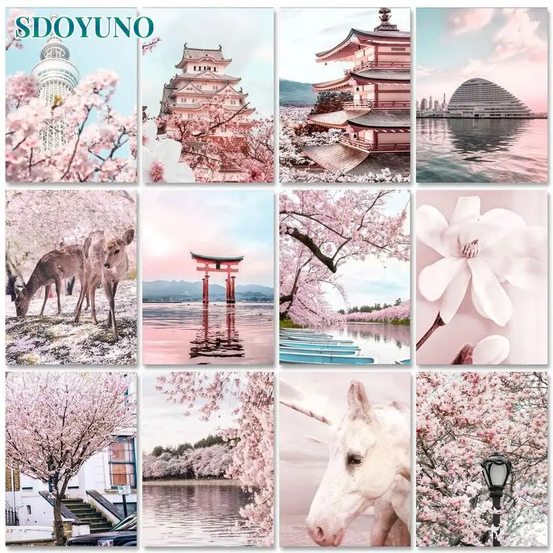 

SDOYUNO DIY Painting By Numbers Horse Pink Flower Picture Colouring Zero Basis HandPainted Oil Painting Landscape Home Decor