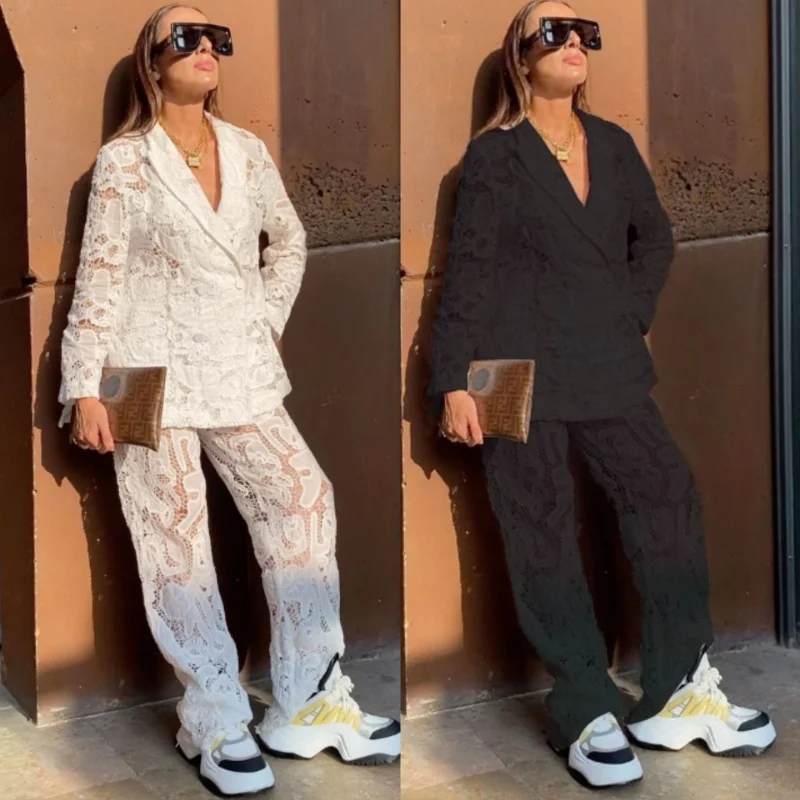 

Sexy Hollow Out Lace Women 2 Piece Blazer Set Solid Notched Neck Blazer Coat Wide Leg Pants 2023 Autumn Office Lady Matching Set