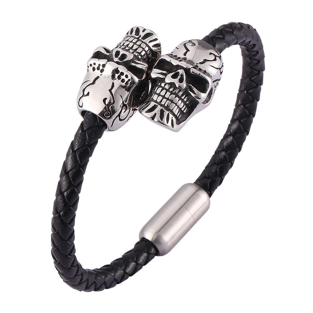 

Punk Double Headed Bone Black 5mm Woven Leather Bracelet Steel Color Magnetic Buckle Bangle Jewelry Gifts