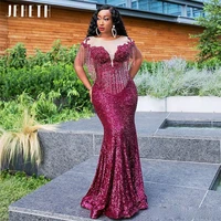 jeheth hot pink sparkly sequins mermaid evening dress for women sheer neck tassel beads arabic prom gownrobes de soir%c3%a9e 2022