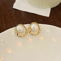 modern jewelry s925 needle round pearl earrings popular style elegant temperament golden geometric earrings for women party gift