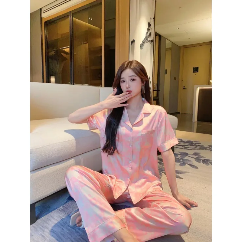 2023 Summer New Fashion Printed Pajamas Women's Artificial Silk Short Sleeve Trousers Suit Homewear