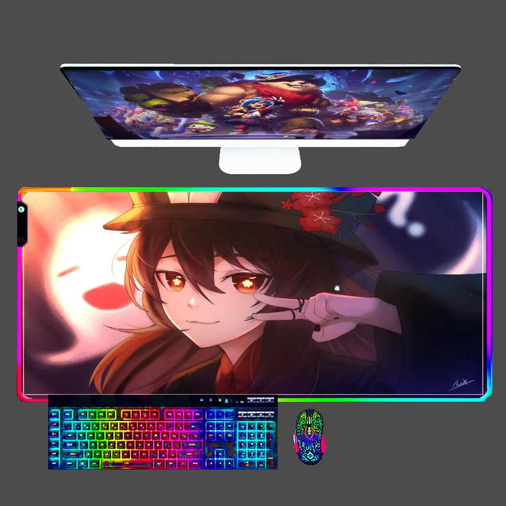 

Hu Tao Genshin Impact LED Mouse Pad Gaming Large Gamer Keyboard Desk Mat Table Carpet RGB Mousepad XXL 900x400 For Computer CSGO