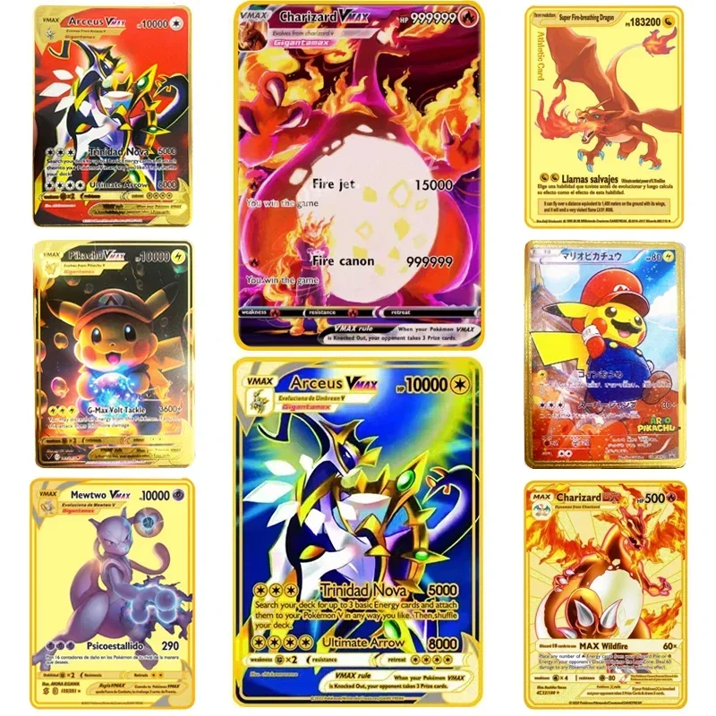Pokemon-Metallkarten, Englisch, 10.000 Punkte, Metallkarte, Vmax, Gx, Pikachu, Glurak, Gold, limitierte Spielesammlung, Kartenausgabe, Kindergeschenk