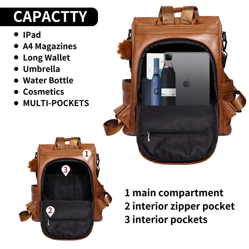 Women's Leather Backpack Anti-theft Backpack Purse Lightweight Travel Casual Shoulder Bag Brown