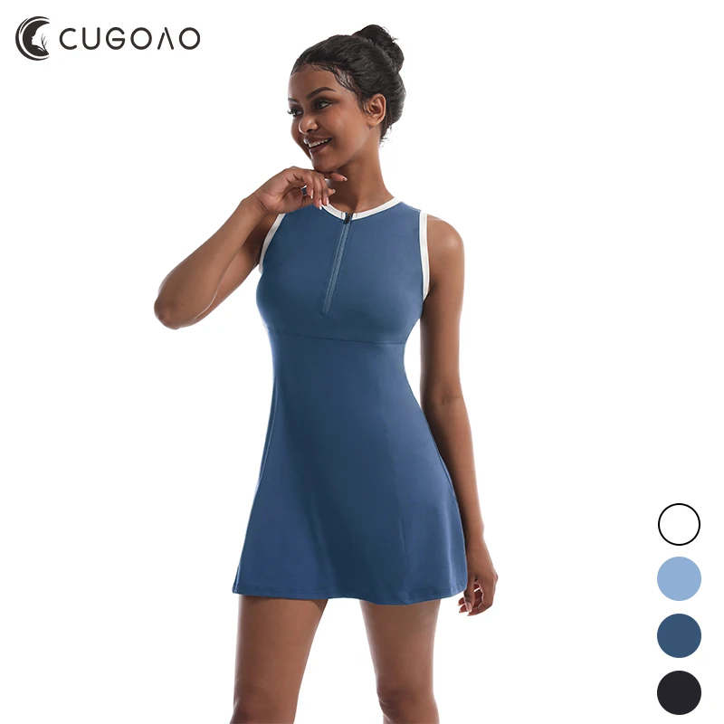 

CUGOAO Fashion 2pcs Sleeveless Tennis Dress Suit with Short Zipper Mesh Golf Badminton Dresses Set Outdoor Running Sportswear