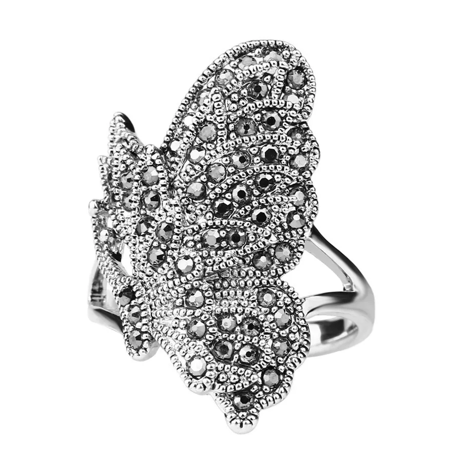 

Unique Black Zircon Butterfly Ring for Women Bohemia Style Silver Color Vintage Animal Jewelry Can Be Paired
