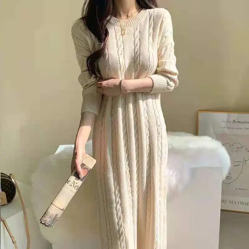 

Женский трикотажный свитер-платье, повседневный однотонный джемпер оверсайз с длинными рукавами и круглым вырезом, зима 2022