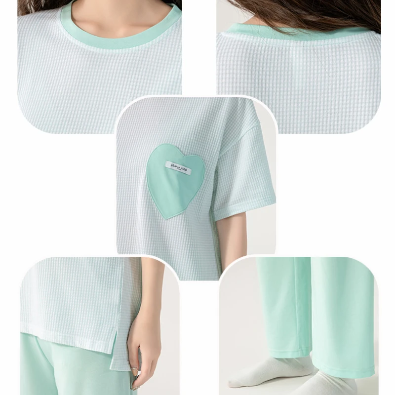 New Style of Women's Pajamas Summer Plaid Short-sleeved Trousers Casual Comfortable and Elastic Home Suit Can Be Worn Outside