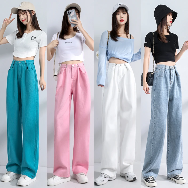 

New candy 4 color jeans for Women High Waist wide leg mom jean Woman Loose thin denim trousers Straight mopping baggy pants