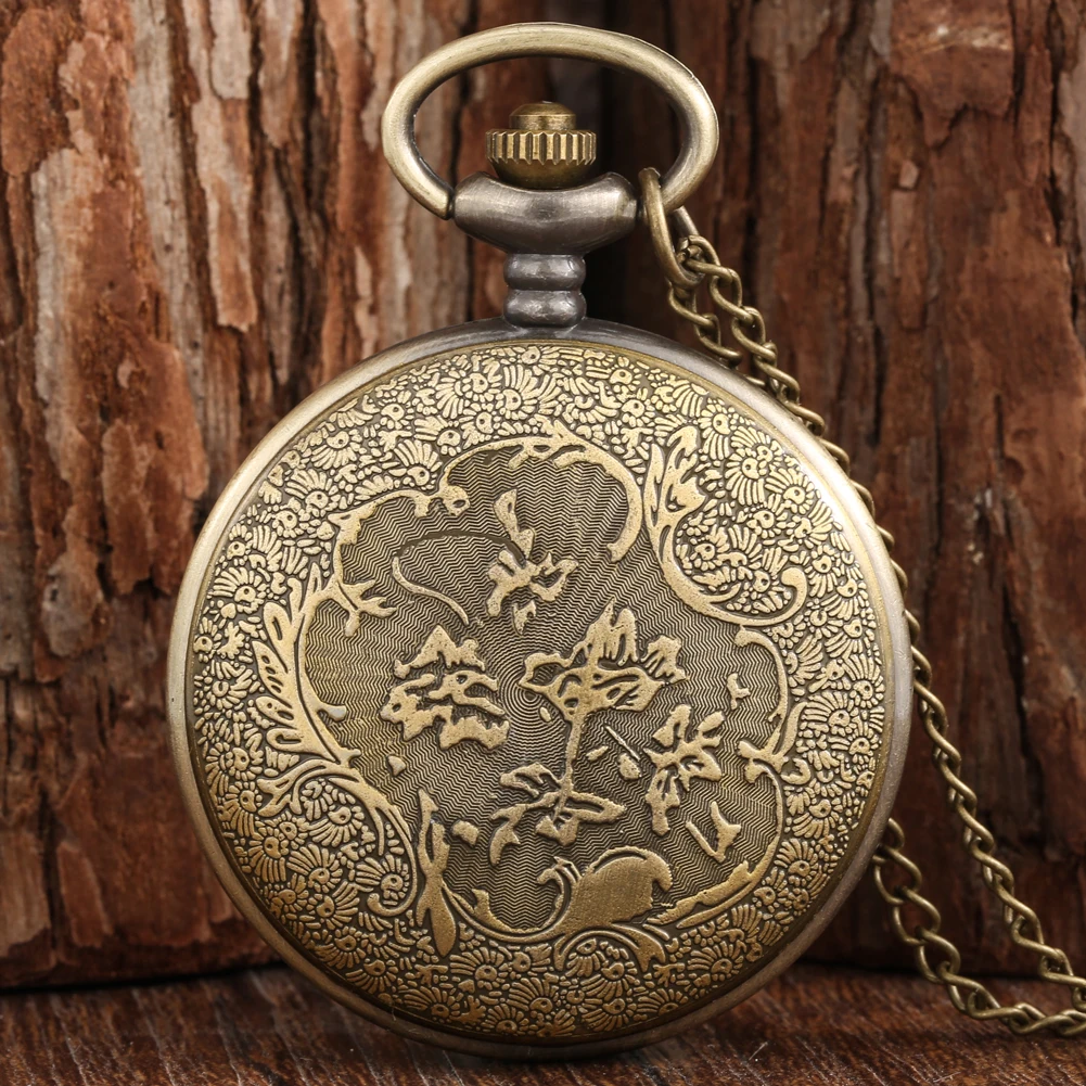 Bronze Quartz Pocket Watch Necklace Gift 3D Creative Long Horns Elk Design Deer Animal Pendant Chain Clock Analog Fob Watch