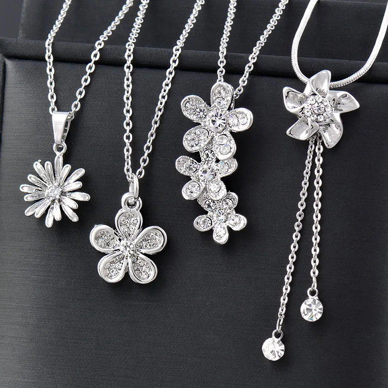 

SINLEERY korean fashion Flowers Crystal Silver Color Chains Stainless Steel Necklace For Women accessories jewelry XL620 SSK