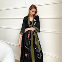 black print flower long robe nightgown spring summer half sleeve kimono bathrobe gown women sexy rayon home dress loungewear