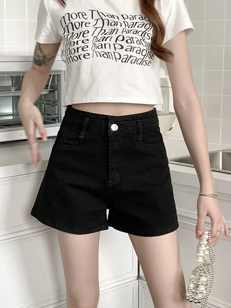

2022 Summer Women High Waist Slim Fit Black Denim Shorts Casual Female Button Solid Color Jeans Shorts Ladies Bottoms