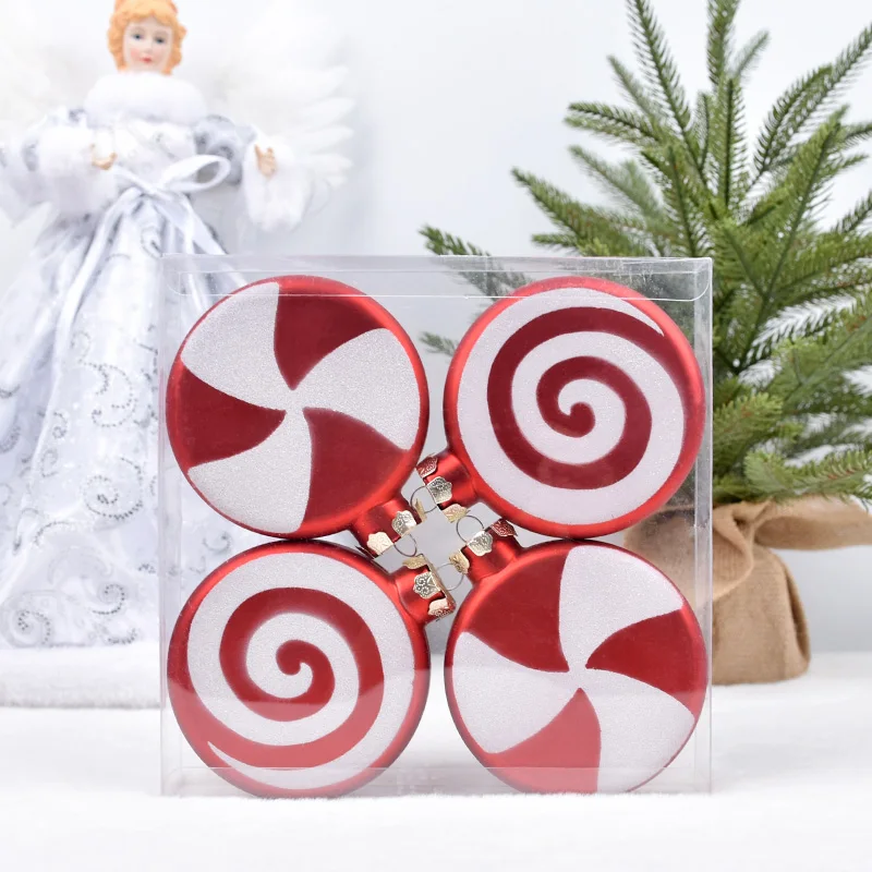 

Christmas decorations Electroplated painted round cake pendant 10CM red and white round cake scene decoration pendant 4 sets