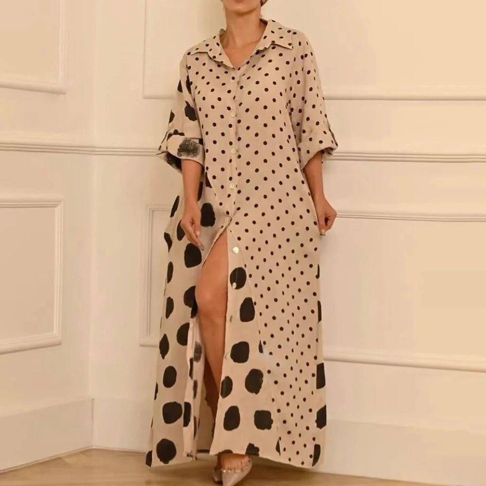 

2023 Spring New Women's Fashion Retro Elegant Wave Point Irregular Loose Short Sleeved Dress For Women