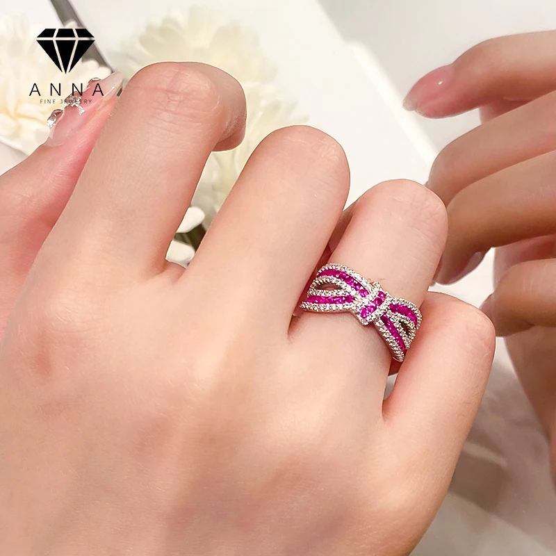 

Super Flash Three-Dimensional Ribbon Bow Ruby Diamond Ring Female Sterling Silver Full Diamond Color Jewelry For Girlfriend Gift