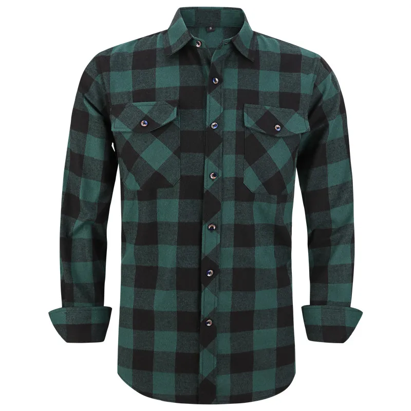 Men's Plaid Flannel Shirt Spring Autumn Male Regular Fit Casual Long-Sleeved Shirts For