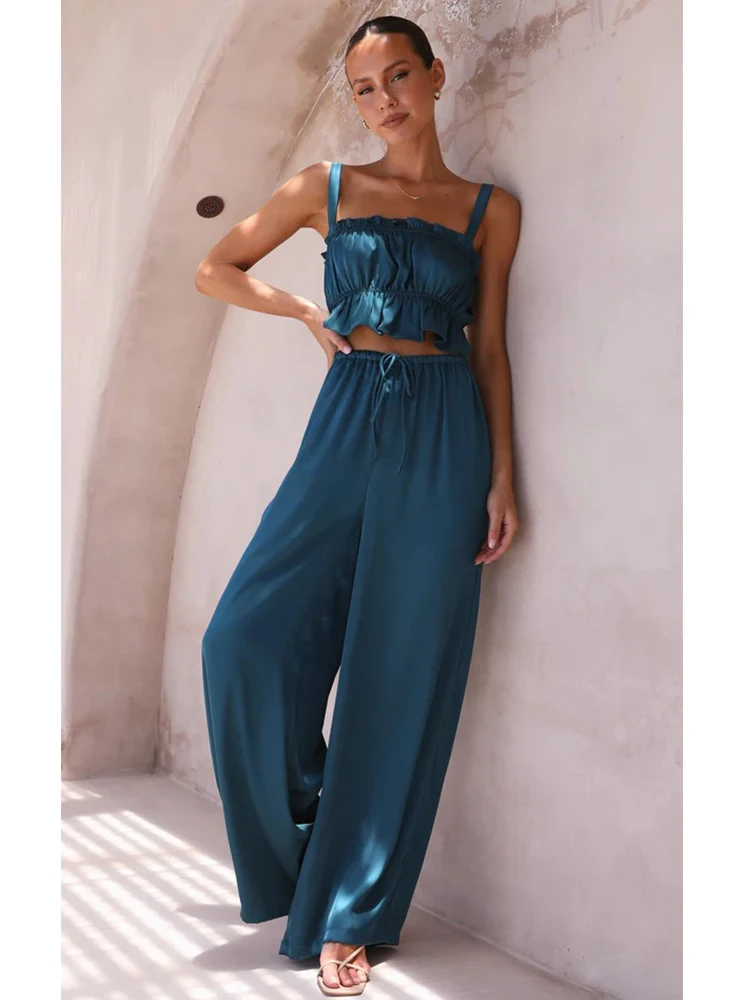 

Foridol Crop Top Long Pants Two Piece Sets Wide Leg Satin Summer Beach Elegant Ruffles Matching Set Suit New 2023 Party Set