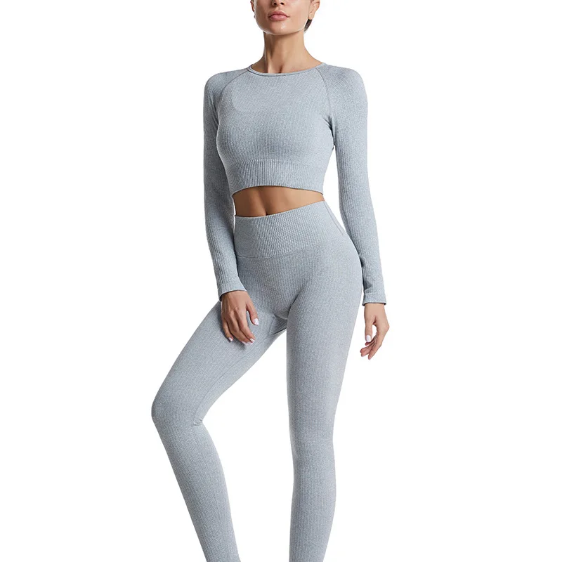 Threaded quick-drying yoga suit suit solid color bottoming long fitness suit Europe and the United States tight sports pants