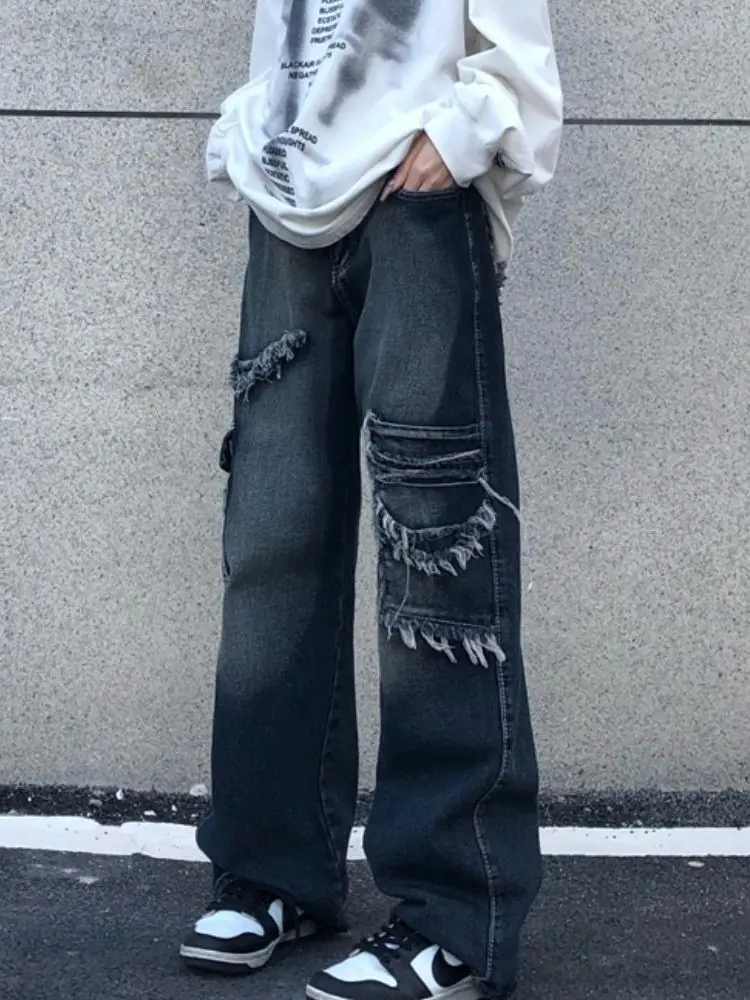 

Jeans Women Vintage Distressed Jeans High Street Loose Denim Wide Leg Straight Trousers Men And Women Boyfriend