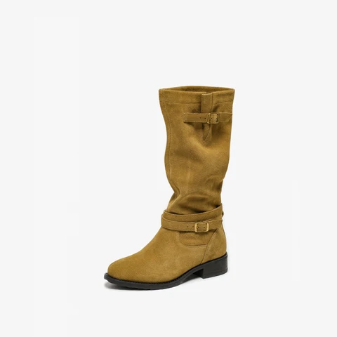 BEAUTODAY Длинные сапоги женские из коровьей замши однотонные рыцарские сапоги с круглым носком и двойной пряжкой на ремешке женская обувь ручной работы 01708