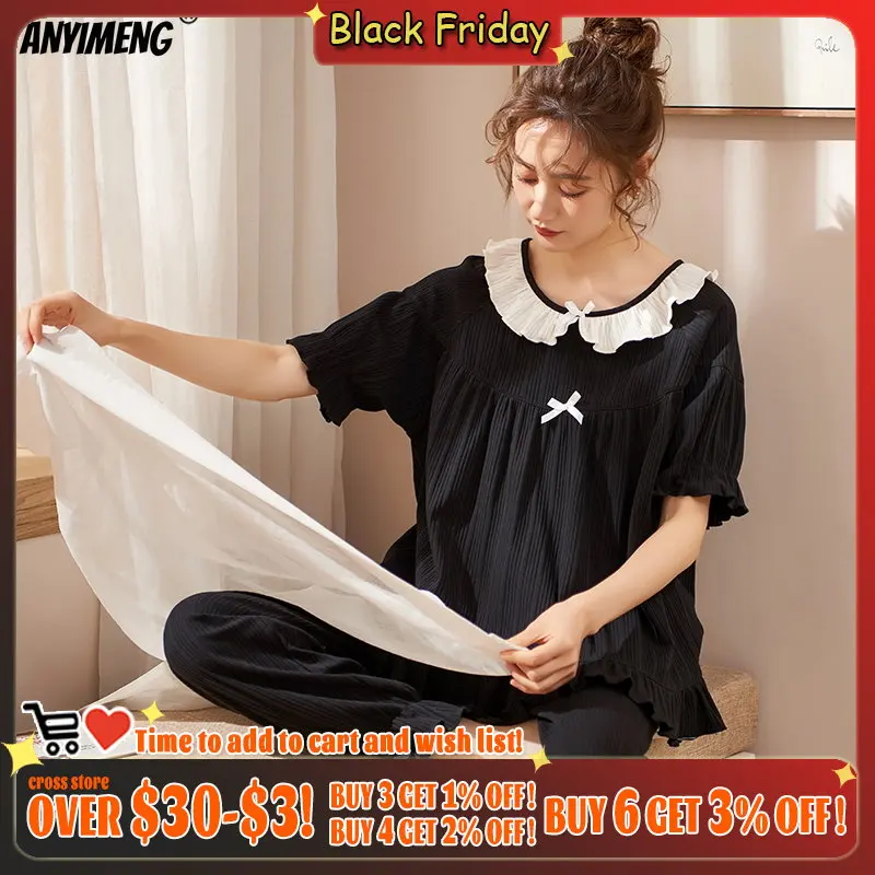 

Пижама женская повседневная из мягкого хлопка, модная свободная черная Пижама с отложным воротником для молодых девушек, весна-лето-осень