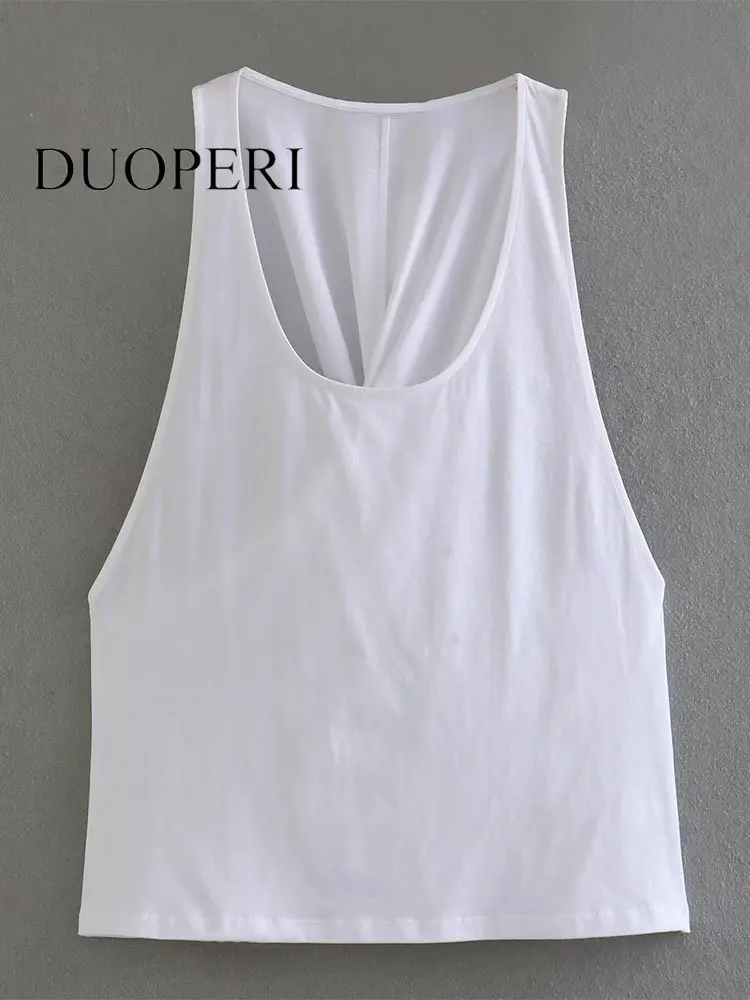 

DUOPERI Women Fashion White Pleated Back Cross Tank Tops Vintage Straps O-Neck Female Chic Lady Vest Tops