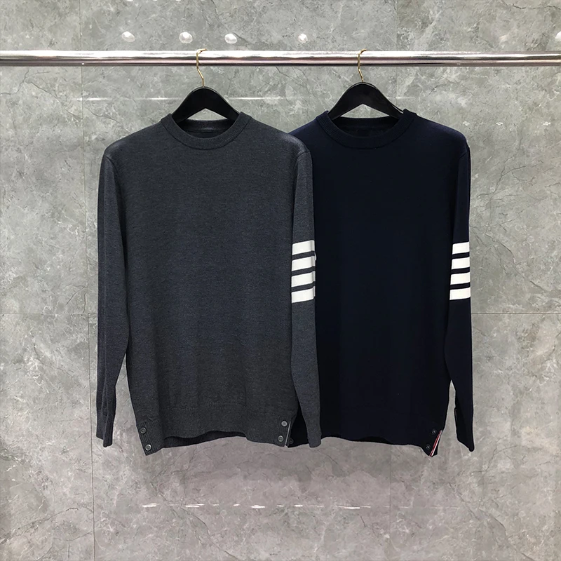 TB THOM Sweater Men’s Autunm Winter Sweaters  Fashion Brand Classic Tops High Quality 4-Bar White Stripe Crew Neck Pullover Coat