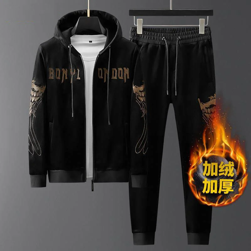 

Luxury brand high-end embroidered wing sweater suit men's plush thickened gold velvet warm keeping trend sports leisure winter