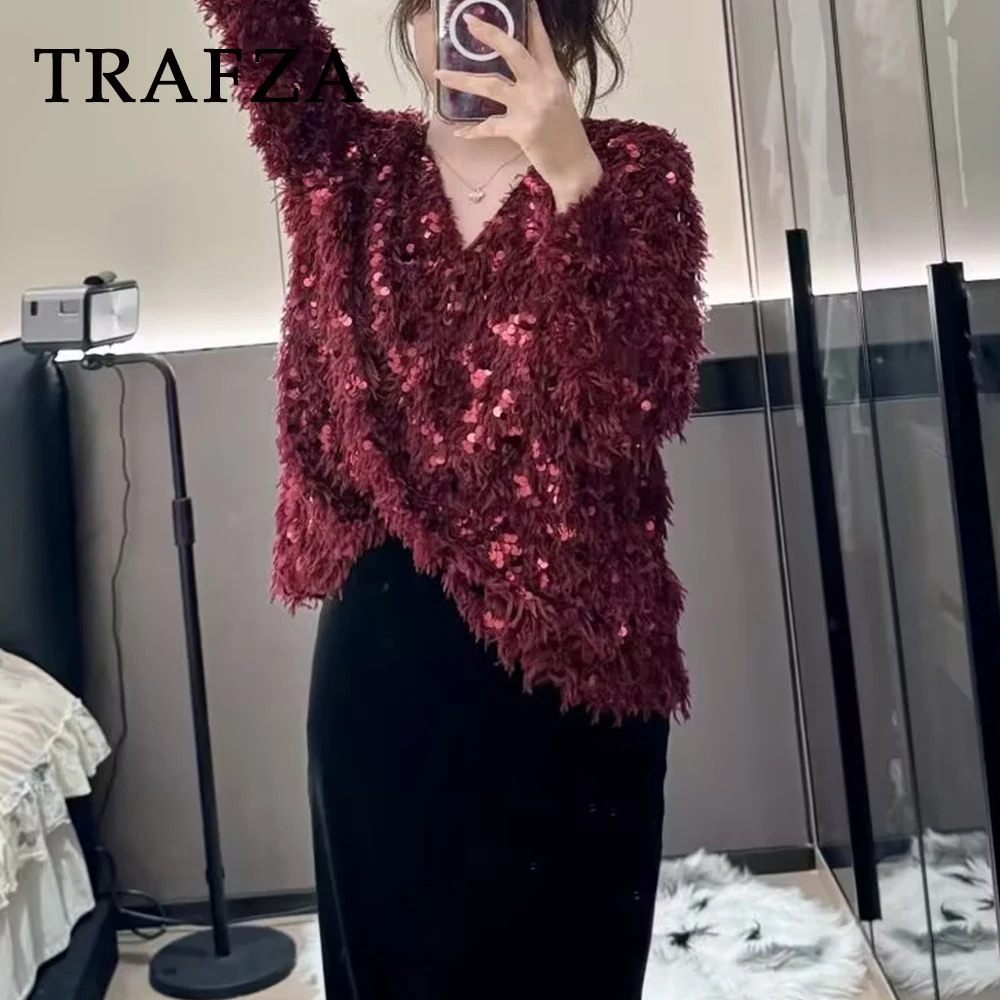 TRAFZA шикарный женский свитер с кисточками и блестками вечерние v-образным вырезом
