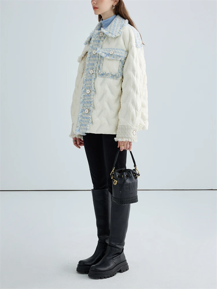 Tweed Plaid Splicing Down Jacket Women's Autumn Winter New Color Contrast Warm Loose Long Sleeve Versatile Coat Female