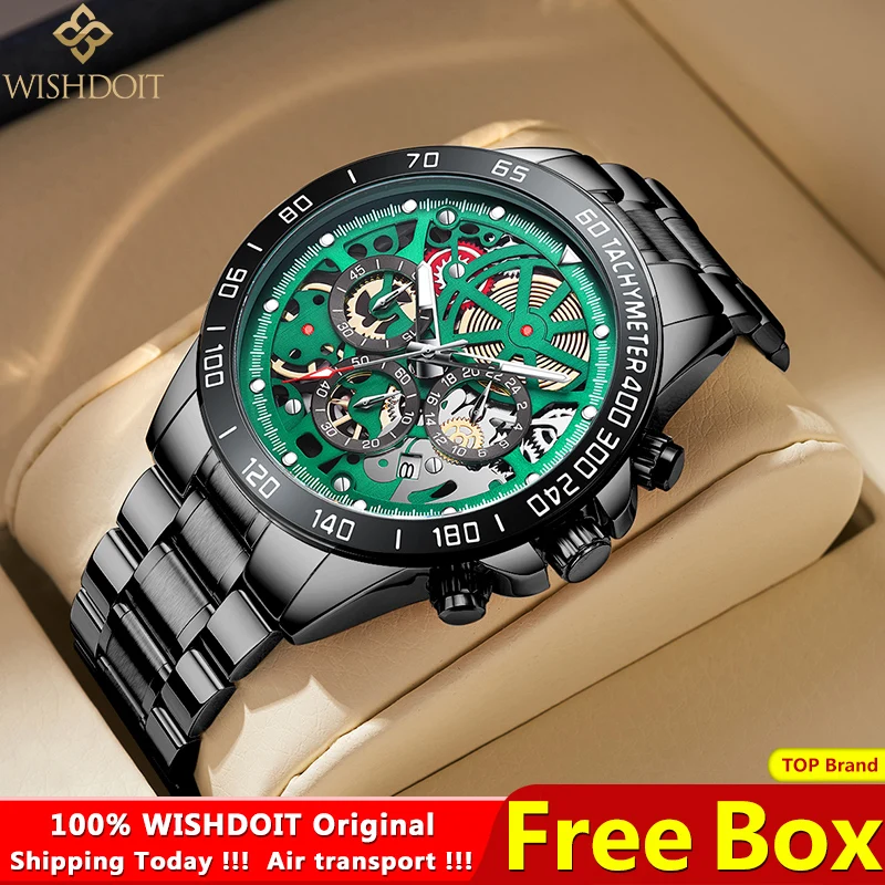

Часы WISHDOIT мужские из нержавеющей стали, зеленые, водонепроницаемые, спортивные, кварцевые