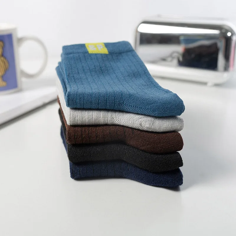 5Pair Fashion Solid Color Cotton Socks Autumn Winter Men's Middle Tube Socks Casual Crew Socks Elastic Students Socks