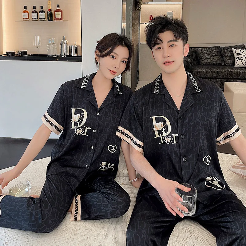 Luxury Pajama Suit Couple Pajama Set Silk Satin Vintage Print Love Design Sleepwear Summer Men&Women 2 Piece Sets Slim Homewear