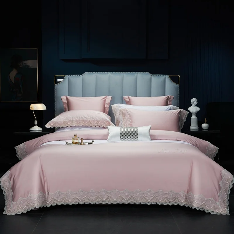 

Luxury 120S Egyptian Long Staple Cotton Princess Bedding Lace Hot Drilling Duvet Cover Set Bed Linen Fitted Sheet Pillowcase
