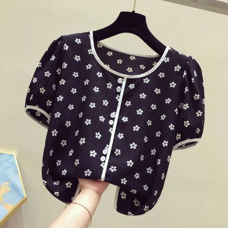

Fashion Printed Spliced Button Puff Sleeve Floral Blouse Women's Clothing 2023 Summer New Casual Pullovers Loose Sweet Shirt