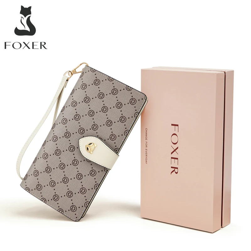 FOXER Sign Luxury Long Wallet Lady Fashion Card Holder PVC Leather Coin Purse Two Fold Money Bag Women Monogram Clutch Phone Bag