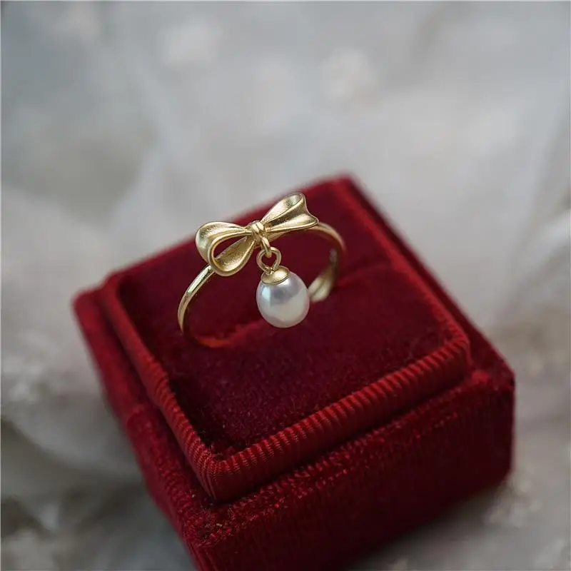 

S925 Sterling Silver Natural Pearl Three-dimensional Bow Ring Texture Frosted Gold Adjustable Temperament Girl Gift